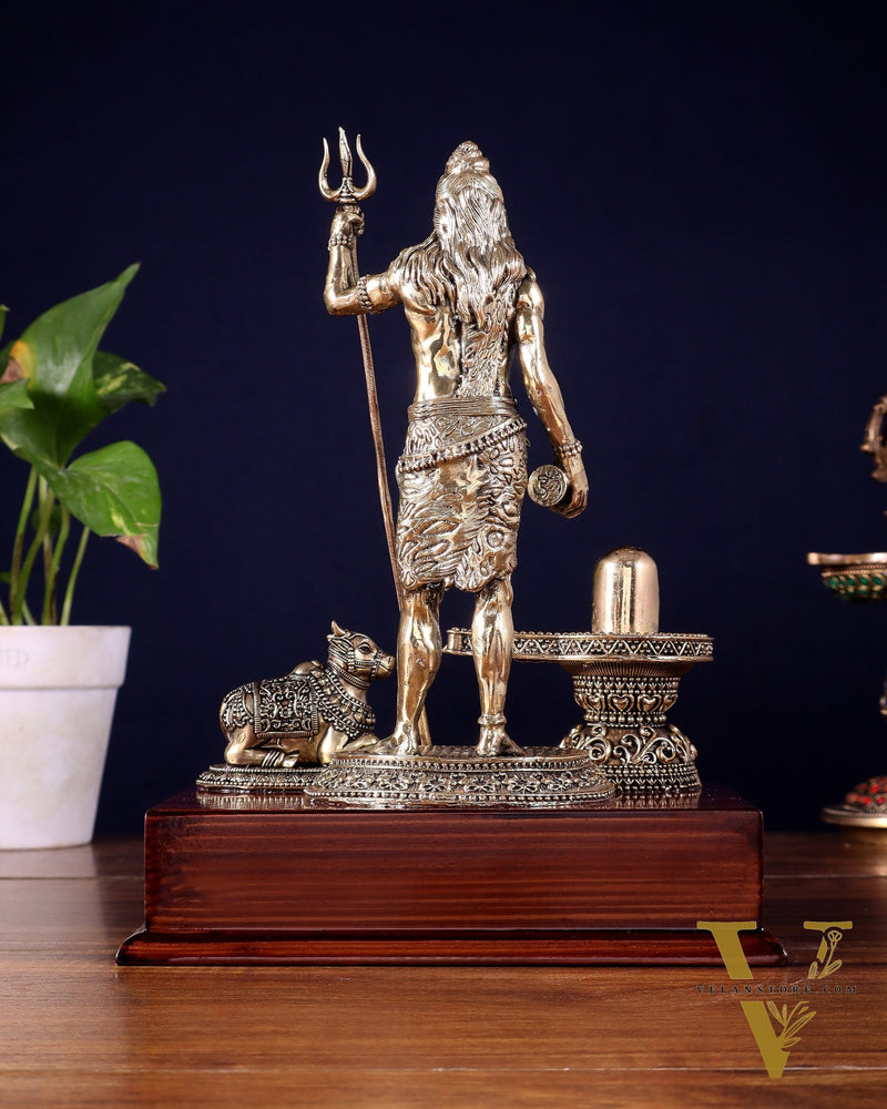 Brass Superfine Standing Lord Shiva with Nandi & Shivling – Wooden Base (9.5 Inch)
