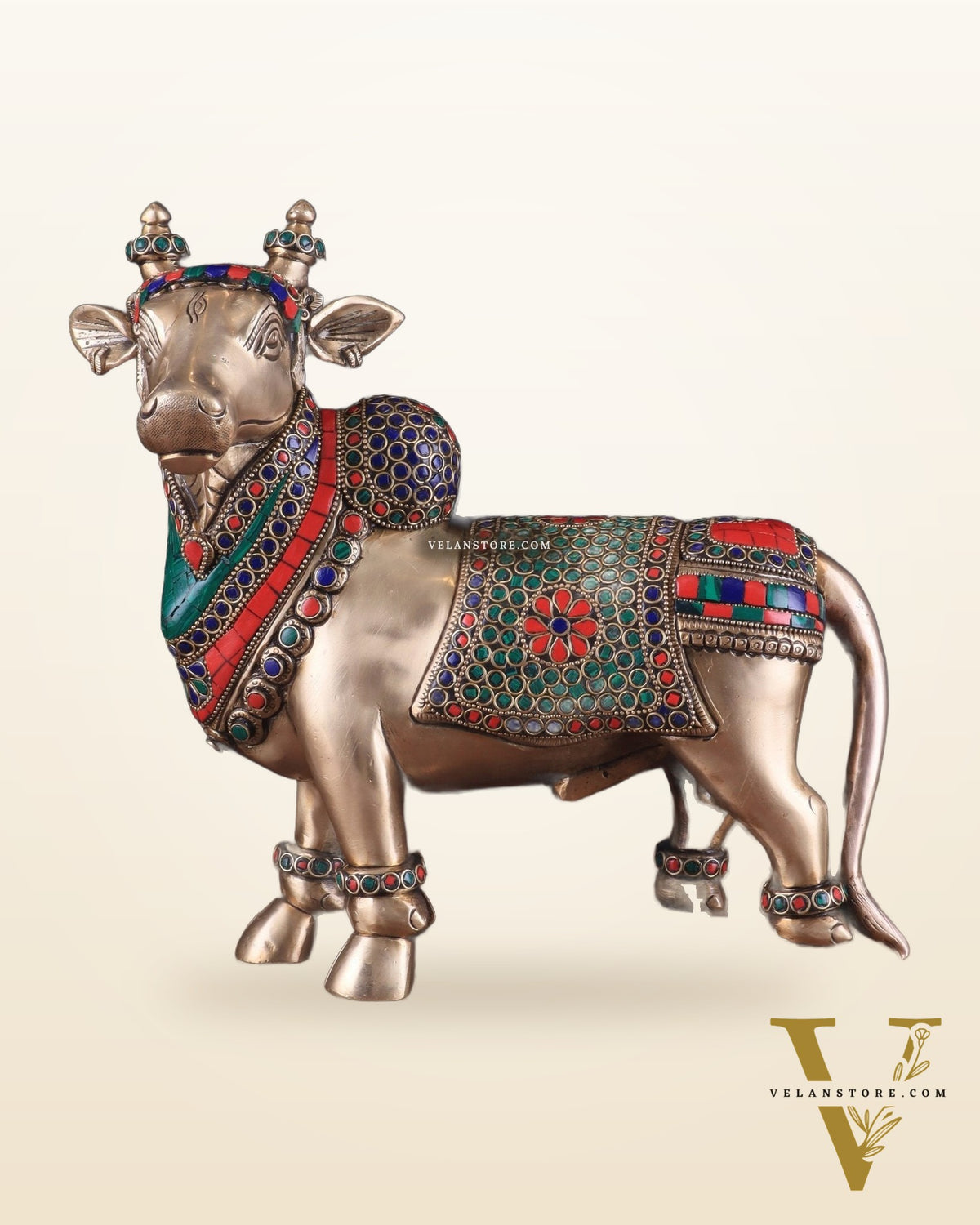 Brass Superfine Standing Nandi Idol | 10.5" stonework