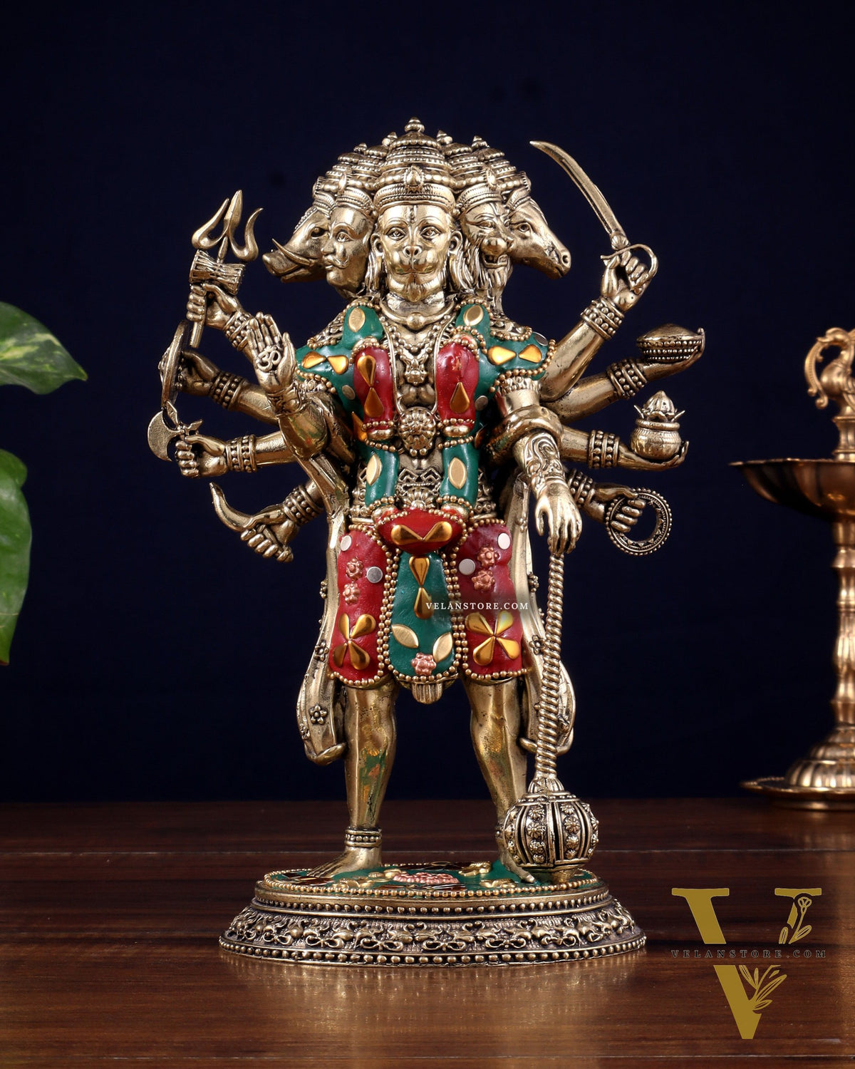 Brass Superfine Standing Panchmukhi Hanuman Idol 8" meenakari Stonework