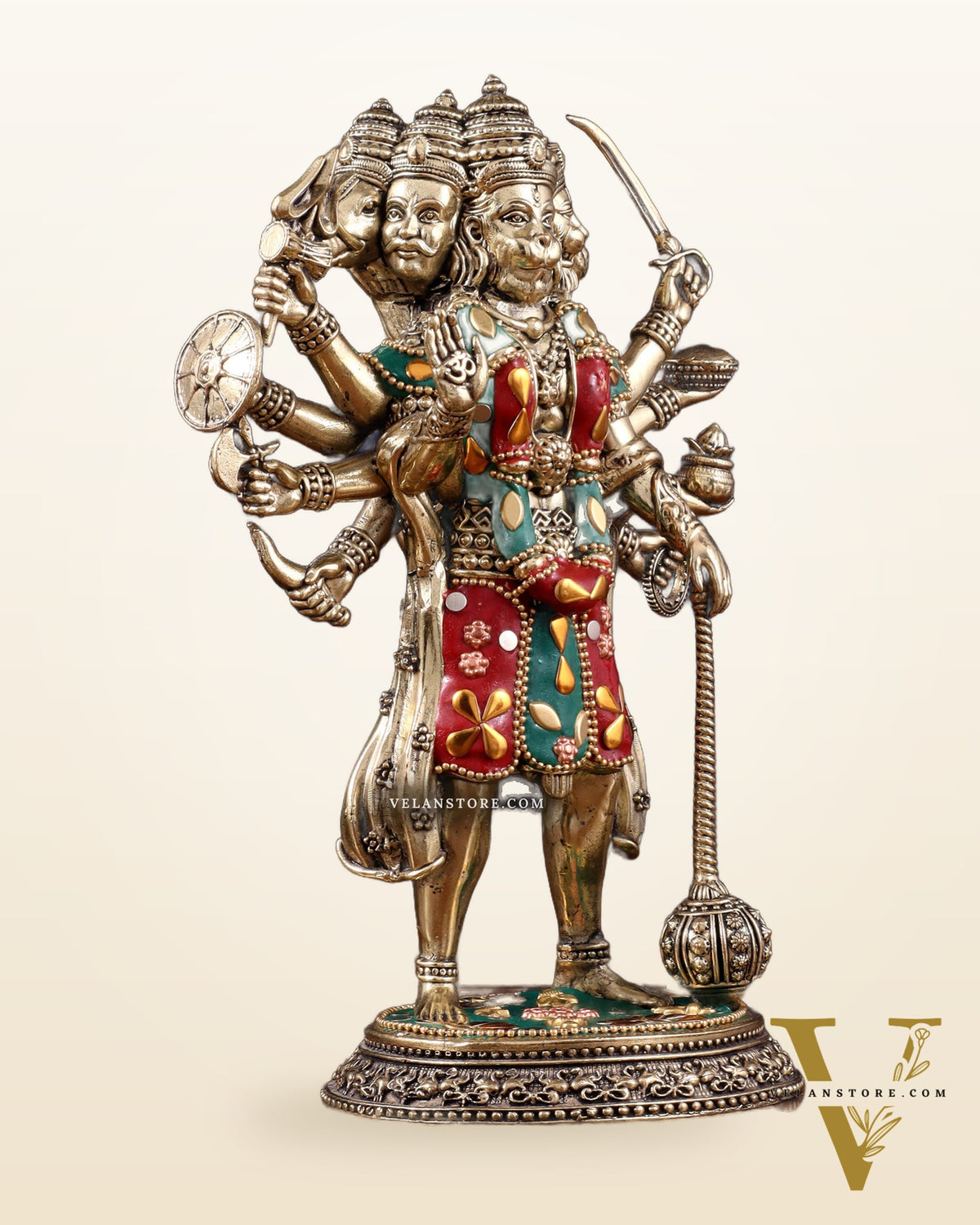 Brass Superfine Standing Panchmukhi Hanuman Idol 8" meenakari Stonework
