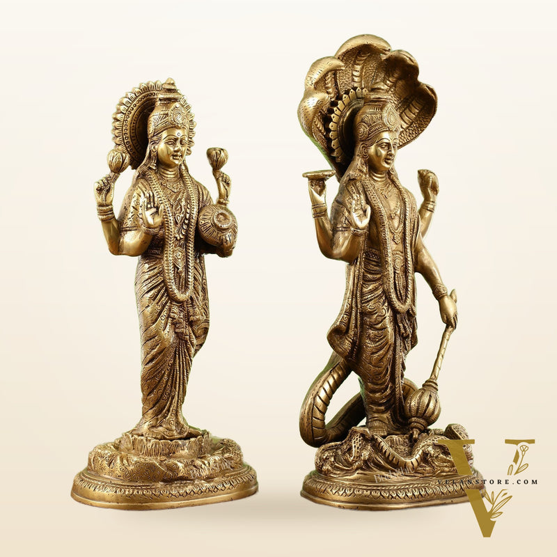 Brass Superfine Standing Vishnu Lakshmi Idols 17"
