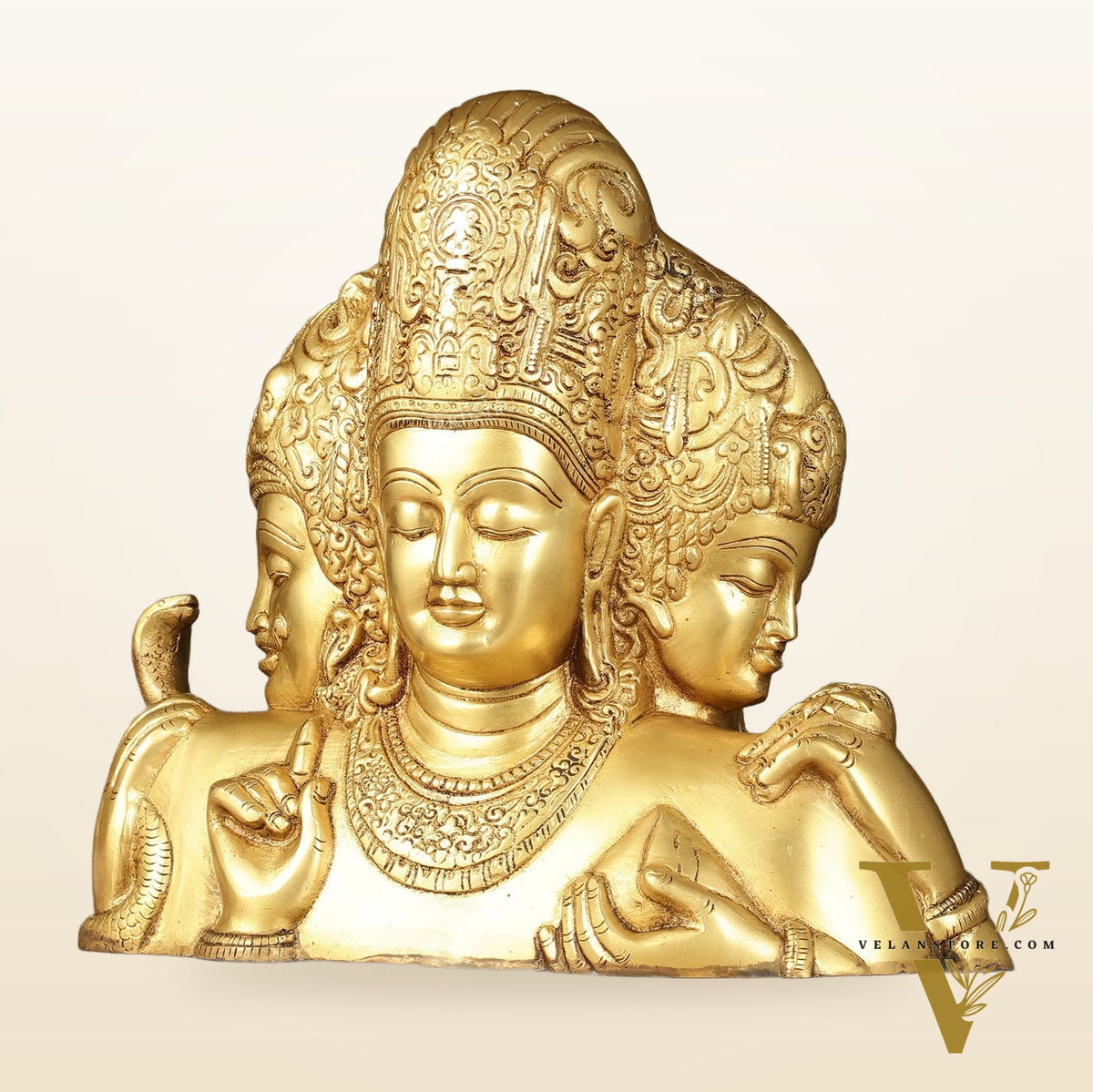 Brass Superfine trimurti Brahma, Vishnu, Mahesh Bust table accent - 9.5 Inch