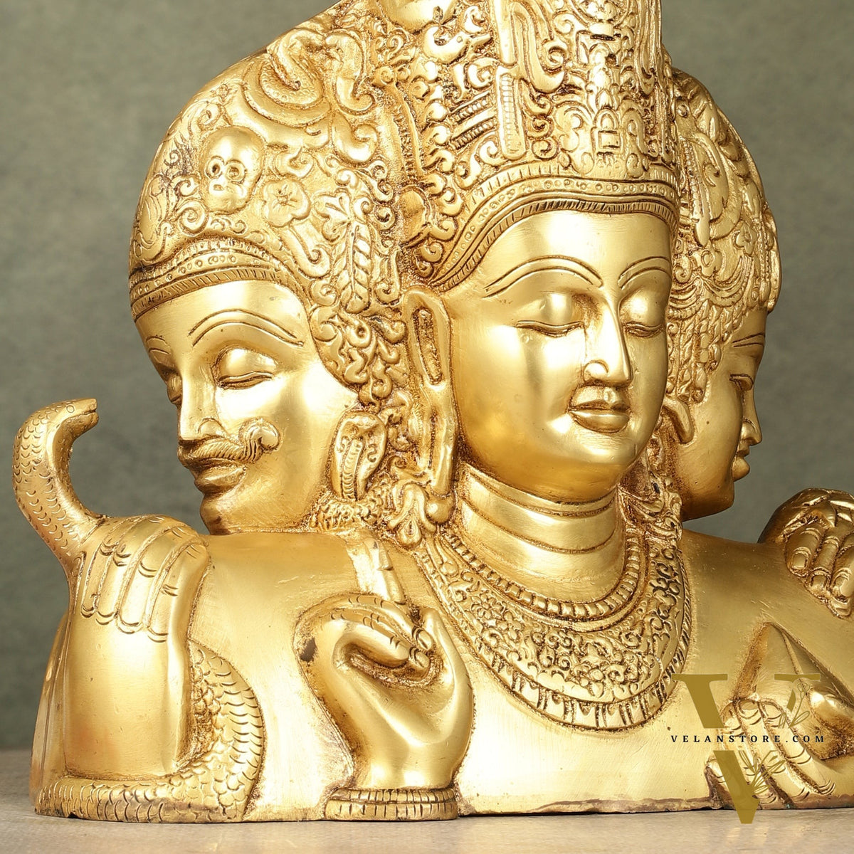Brass Superfine trimurti Brahma, Vishnu, Mahesh Bust table accent - 9.5 Inch