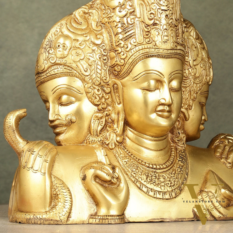 Brass Superfine trimurti Brahma, Vishnu, Mahesh Bust table accent - 9.5 Inch