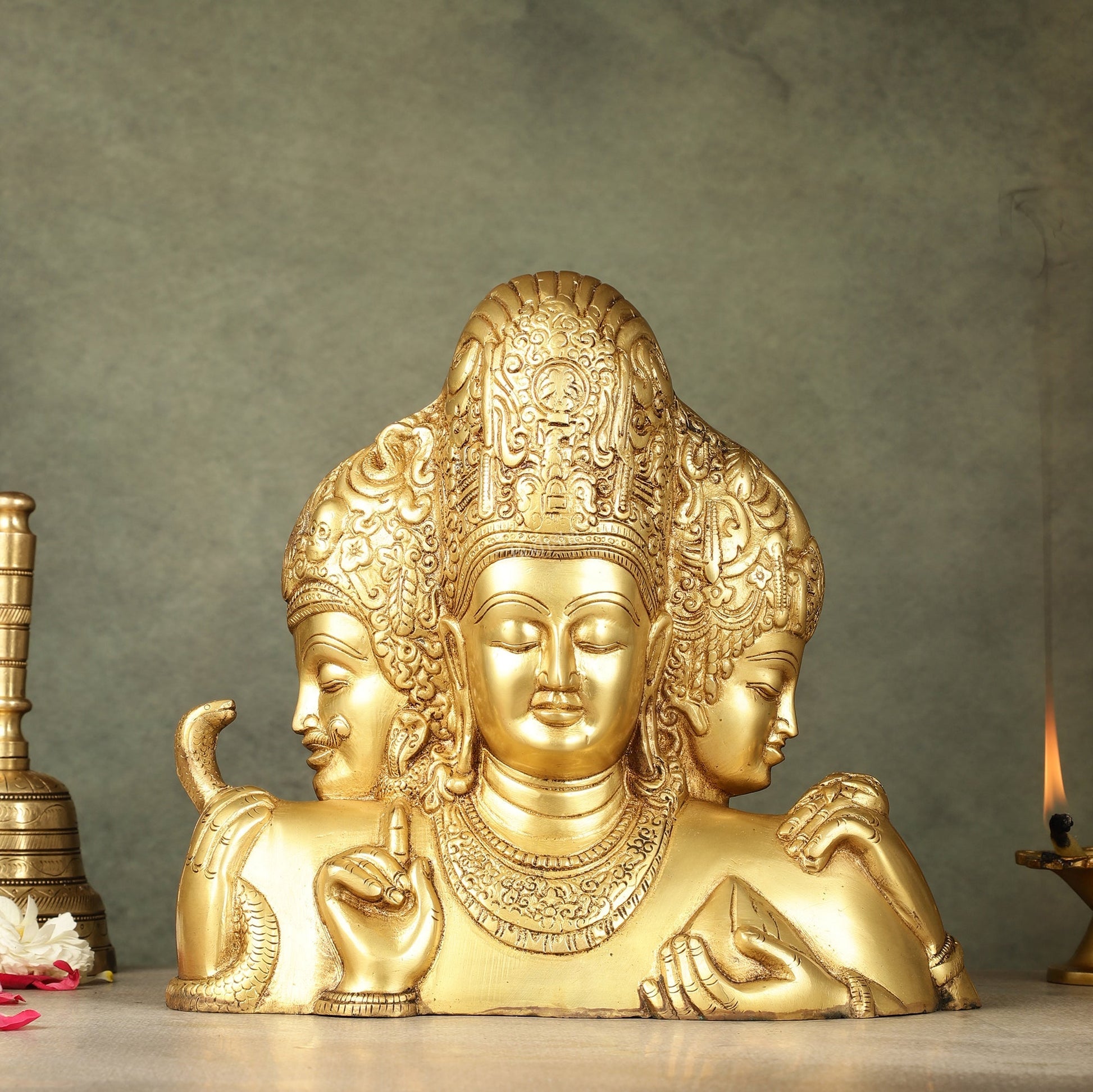 Brass Superfine trimurti Brahma, Vishnu, Mahesh Bust table accent - 9.5 Inch