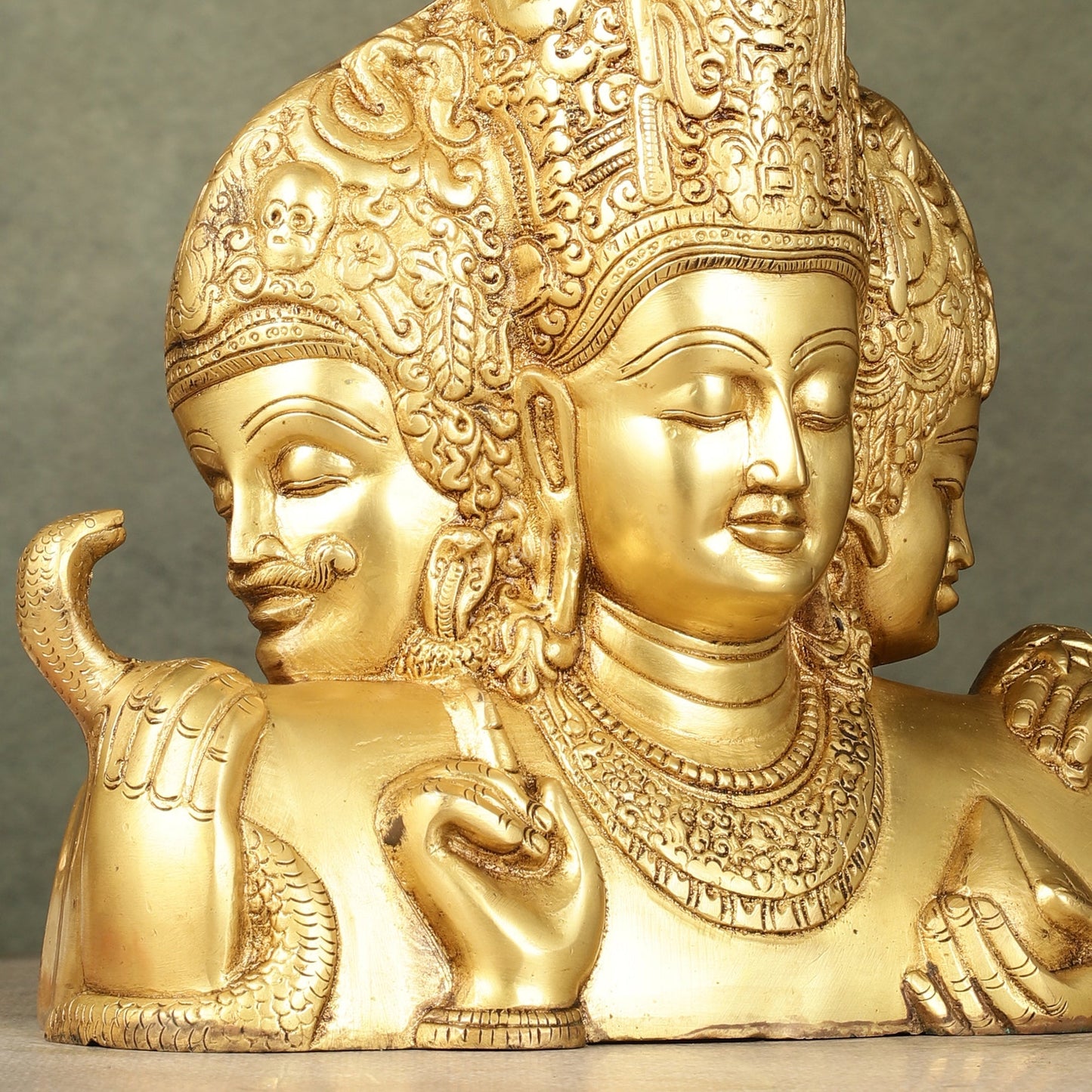 Brass Superfine trimurti Brahma, Vishnu, Mahesh Bust table accent - 9.5 Inch