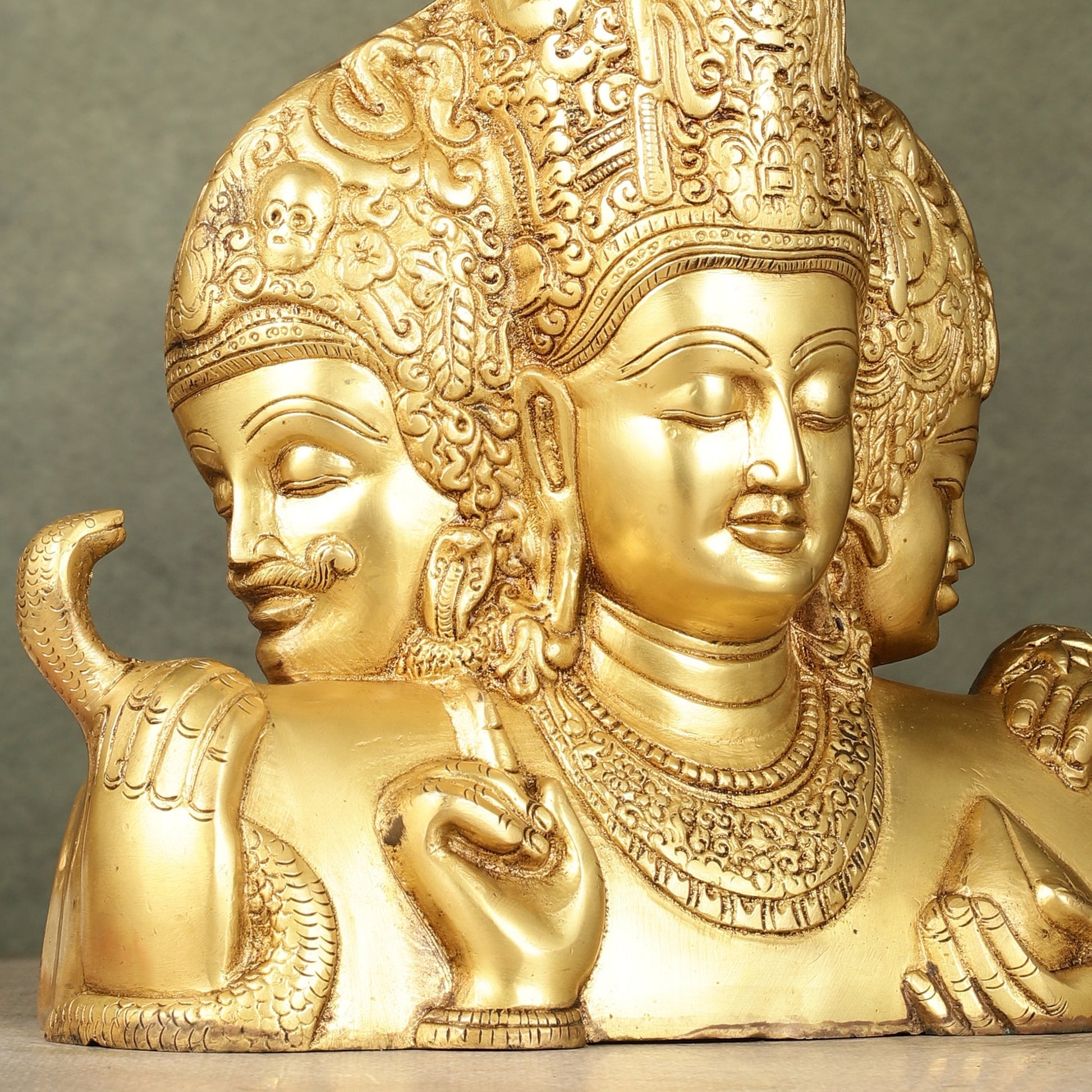 Brass Superfine trimurti Brahma, Vishnu, Mahesh Bust table accent - 9.5 Inch