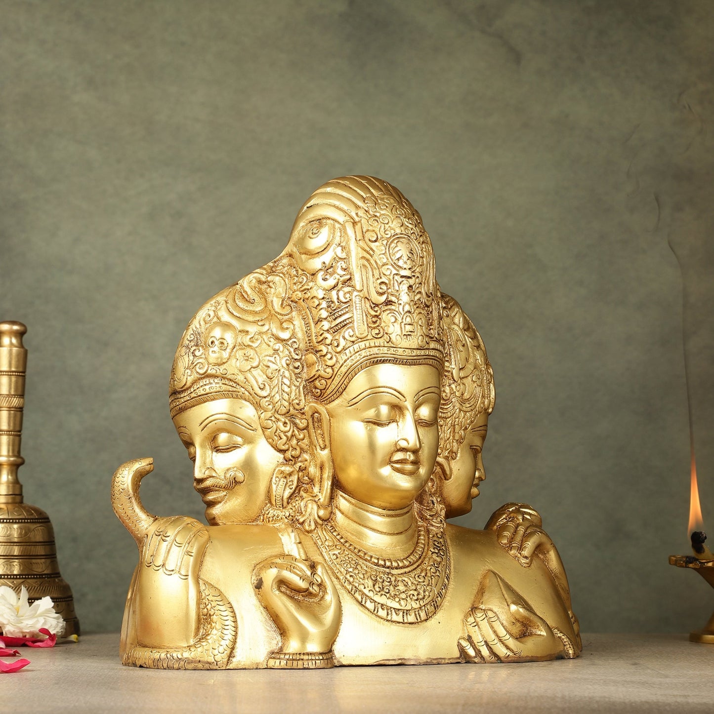 Brass Superfine trimurti Brahma, Vishnu, Mahesh Bust table accent - 9.5 Inch