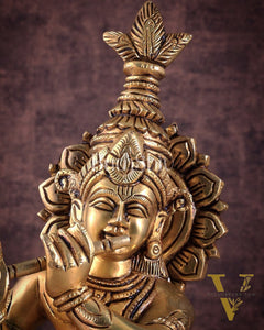Brass Superfine Unique Lord Krishna Playing the Flute Idol 12"