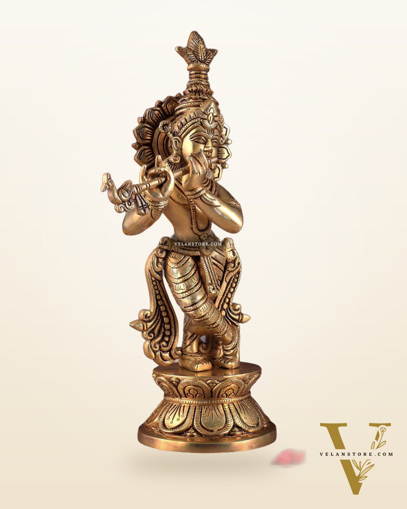 Brass Superfine Unique Lord Krishna Playing the Flute Idol 12"