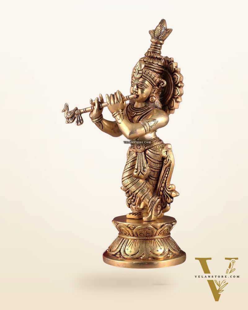 Brass Superfine Unique Lord Krishna Playing the Flute Idol 12"