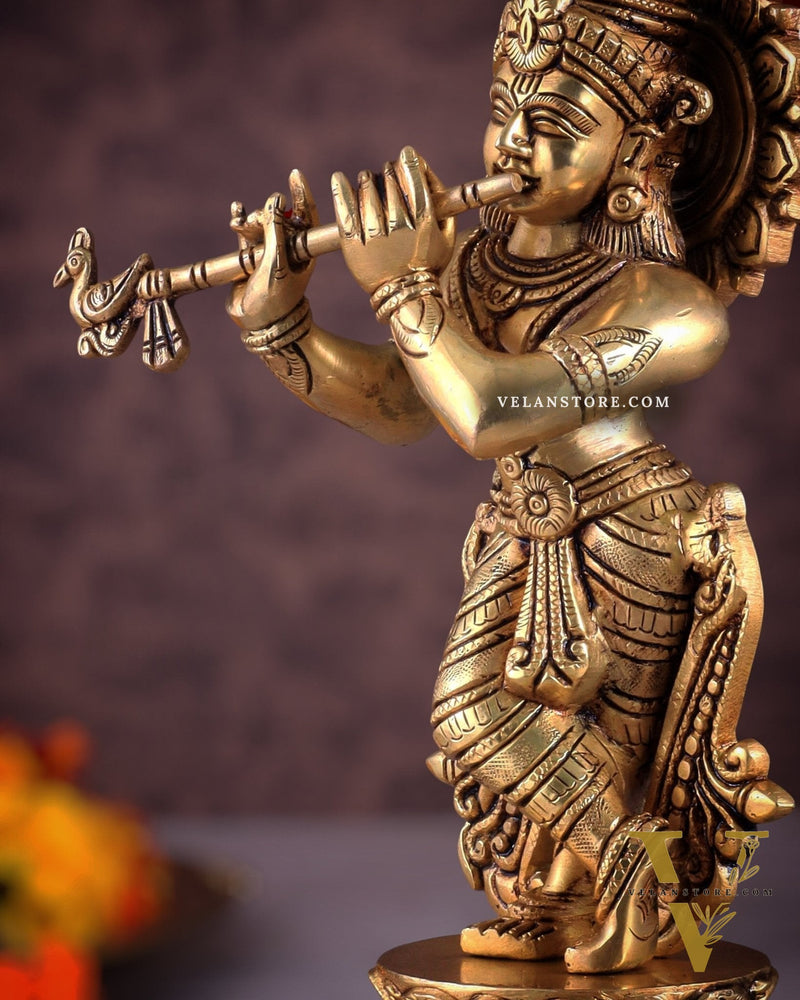 Brass Superfine Unique Lord Krishna Playing the Flute Idol 12"