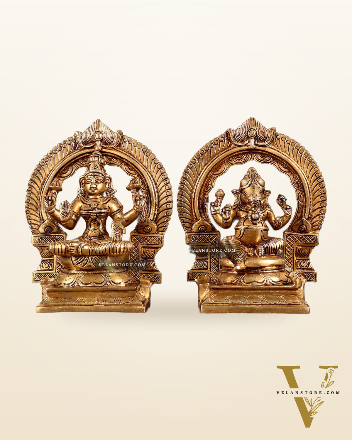 Brass Superfine valumburi Ganesh Lakshmi in padmasana with Prabhavali Idol Set 9"