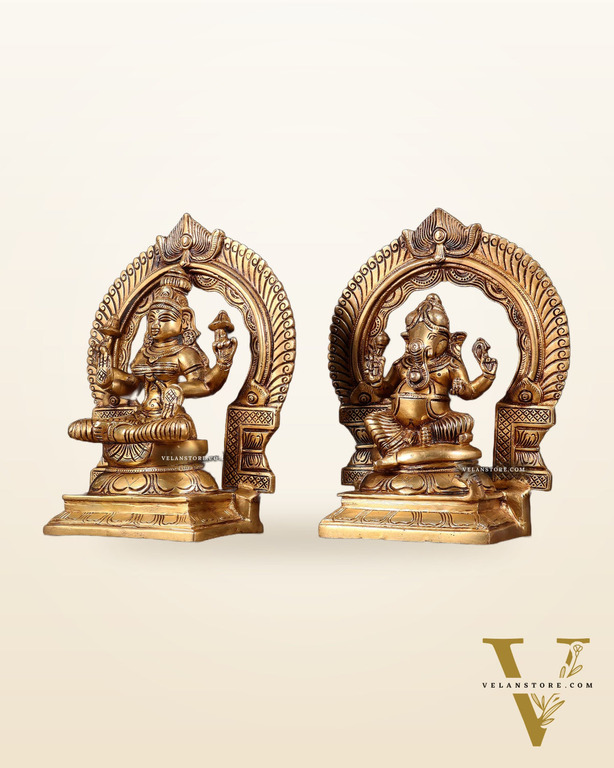 Brass Superfine valumburi Ganesh Lakshmi in padmasana with Prabhavali Idol Set 9"