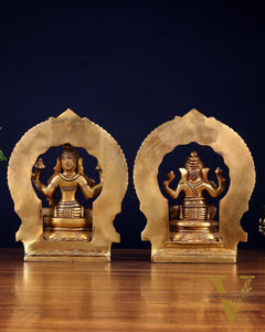 Brass Superfine valumburi Ganesh Lakshmi in padmasana with Prabhavali Idol Set 9"