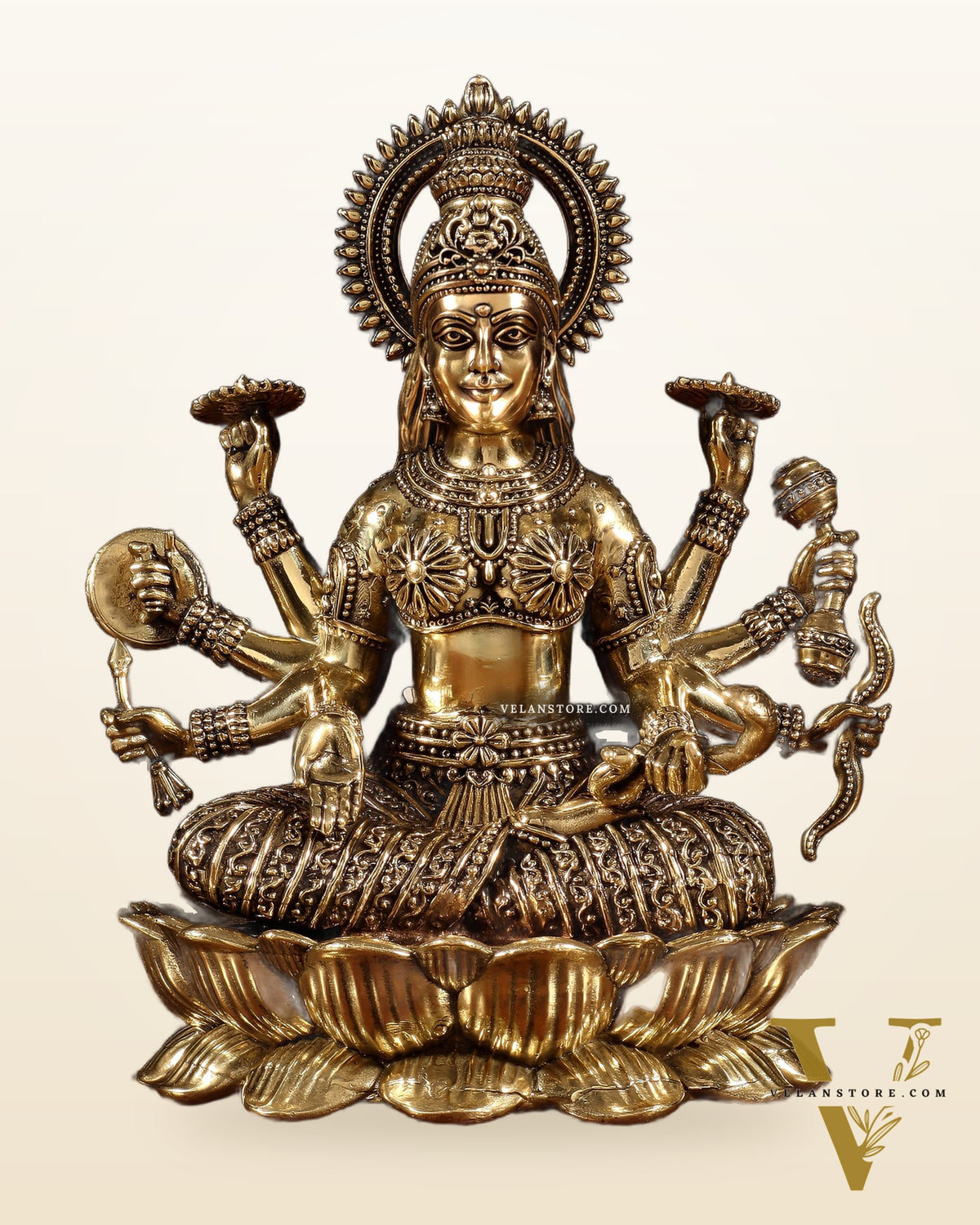Brass Superfine Vijaya Lakshmi Idol with Eight Arms – 6.75"