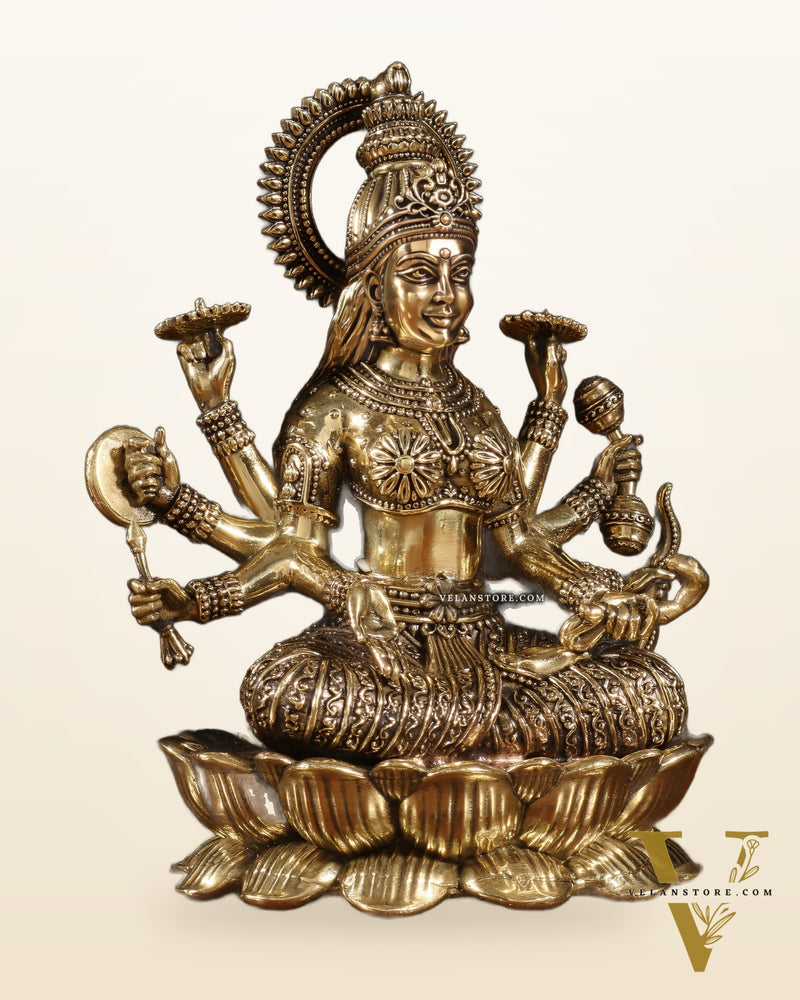 Brass Superfine Vijaya Lakshmi Idol with Eight Arms – 6.75"