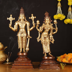 Brass Superfine Vishnu and Goddess Lakshmi Statues - Elegant Dual Tone Pair 20.5"
