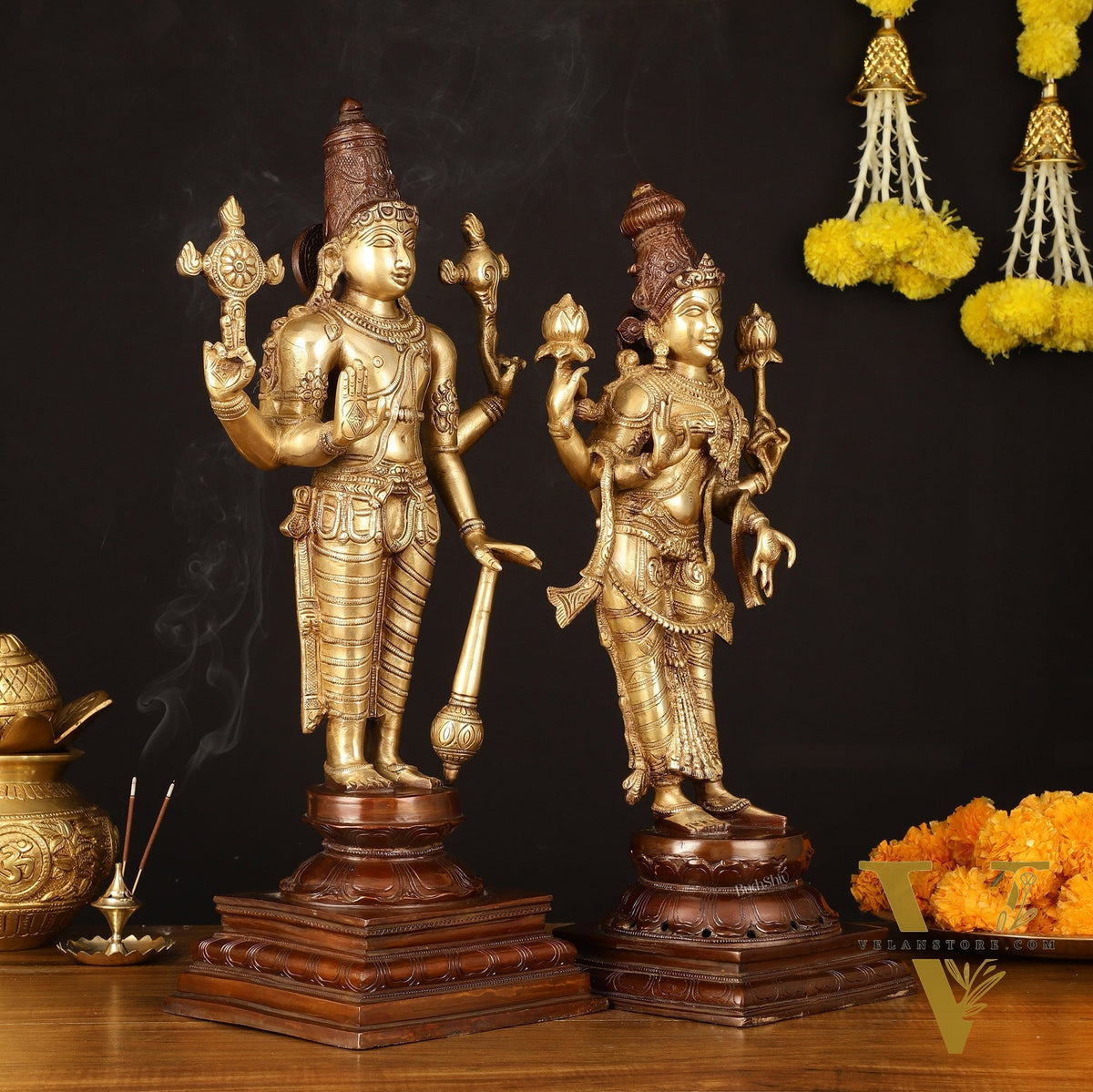 Brass Superfine Vishnu and Goddess Lakshmi Statues - Elegant Dual Tone Pair 20.5"