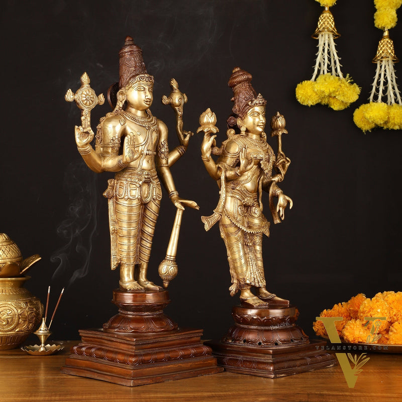 Brass Superfine Vishnu and Goddess Lakshmi Statues - Elegant Dual Tone Pair 20.5"