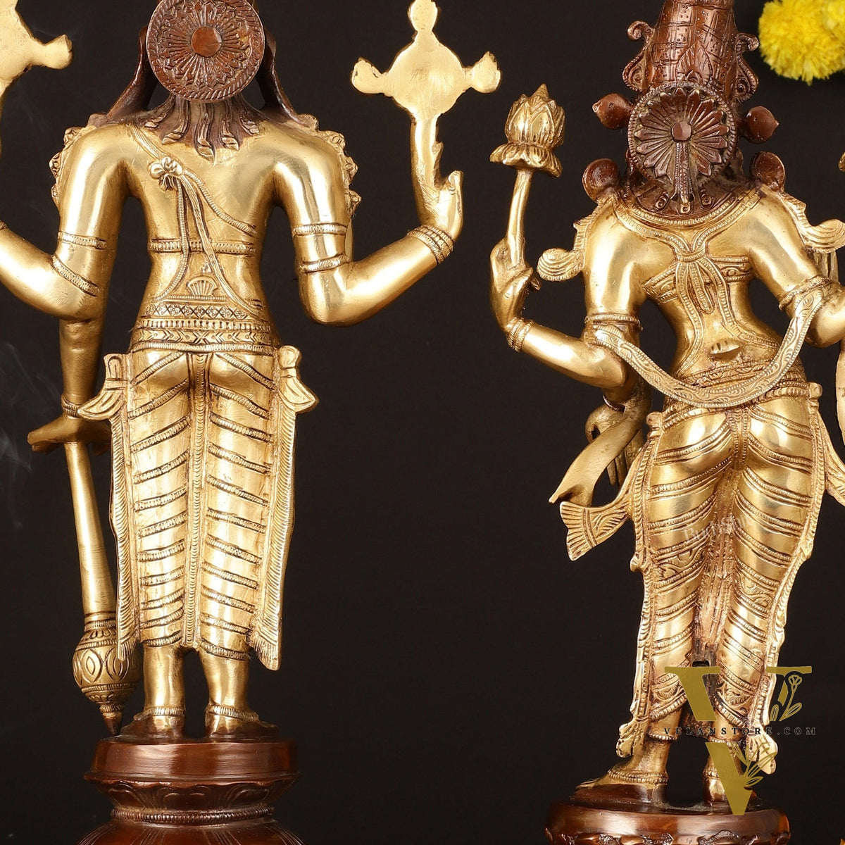 Brass Superfine Vishnu and Goddess Lakshmi Statues - Elegant Dual Tone Pair 20.5"