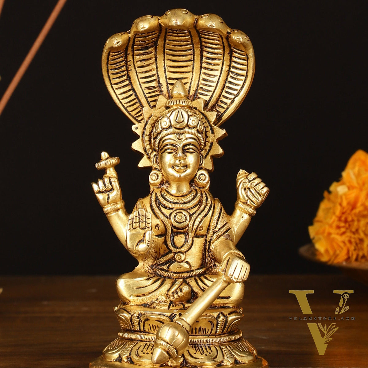 Brass Superfine Vishnu Sitting with Sheshanaaga - 6" Divine Sculpture