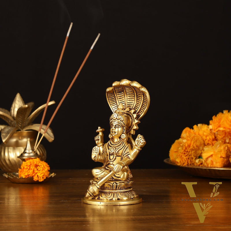 Brass Superfine Vishnu Sitting with Sheshanaaga - 6" Divine Sculpture