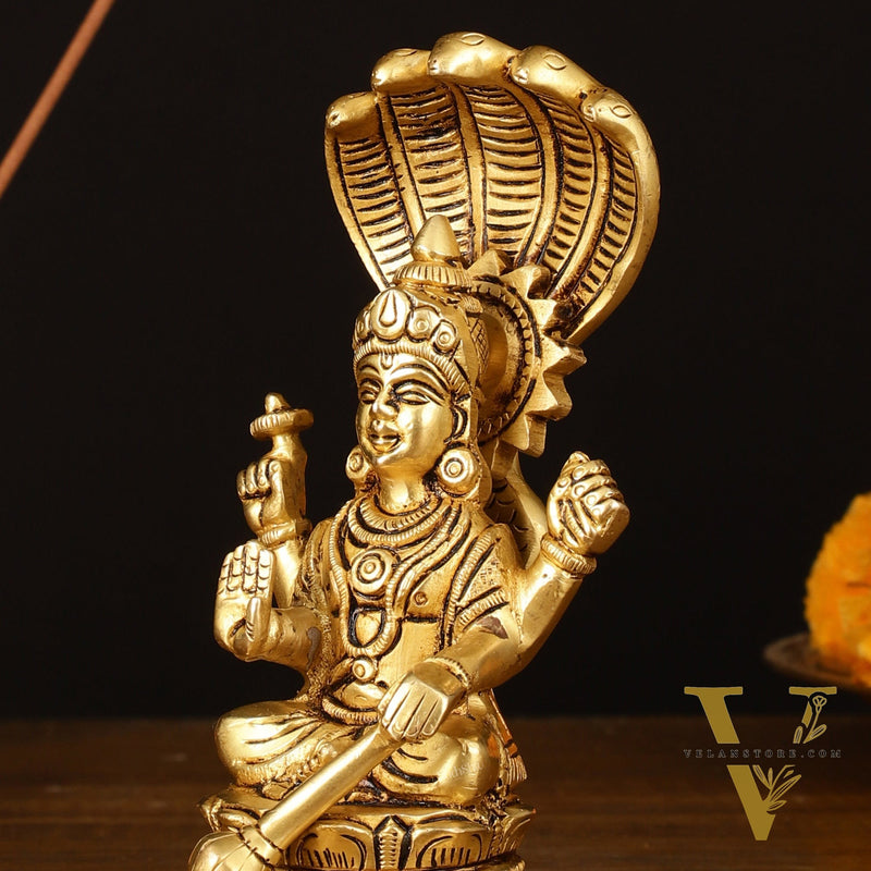 Brass Superfine Vishnu Sitting with Sheshanaaga - 6" Divine Sculpture