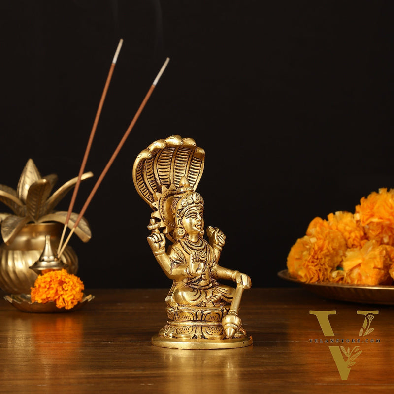 Brass Superfine Vishnu Sitting with Sheshanaaga - 6" Divine Sculpture