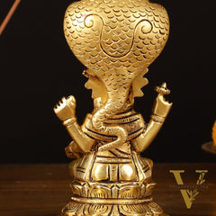 Brass Superfine Vishnu Sitting with Sheshanaaga - 6" Divine Sculpture