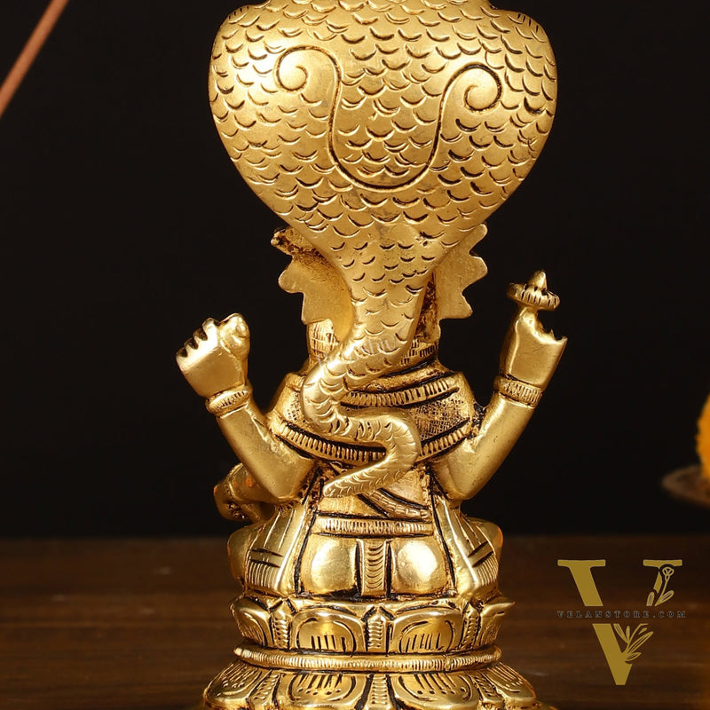 Brass Superfine Vishnu Sitting with Sheshanaaga - 6" Divine Sculpture