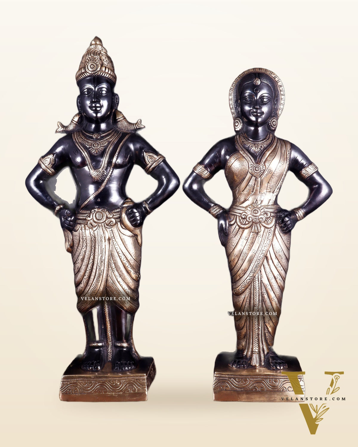 Brass Superfine Vitthal Rukmani Idol Pair 25" Grand Temple-Style Sculptures black and gold