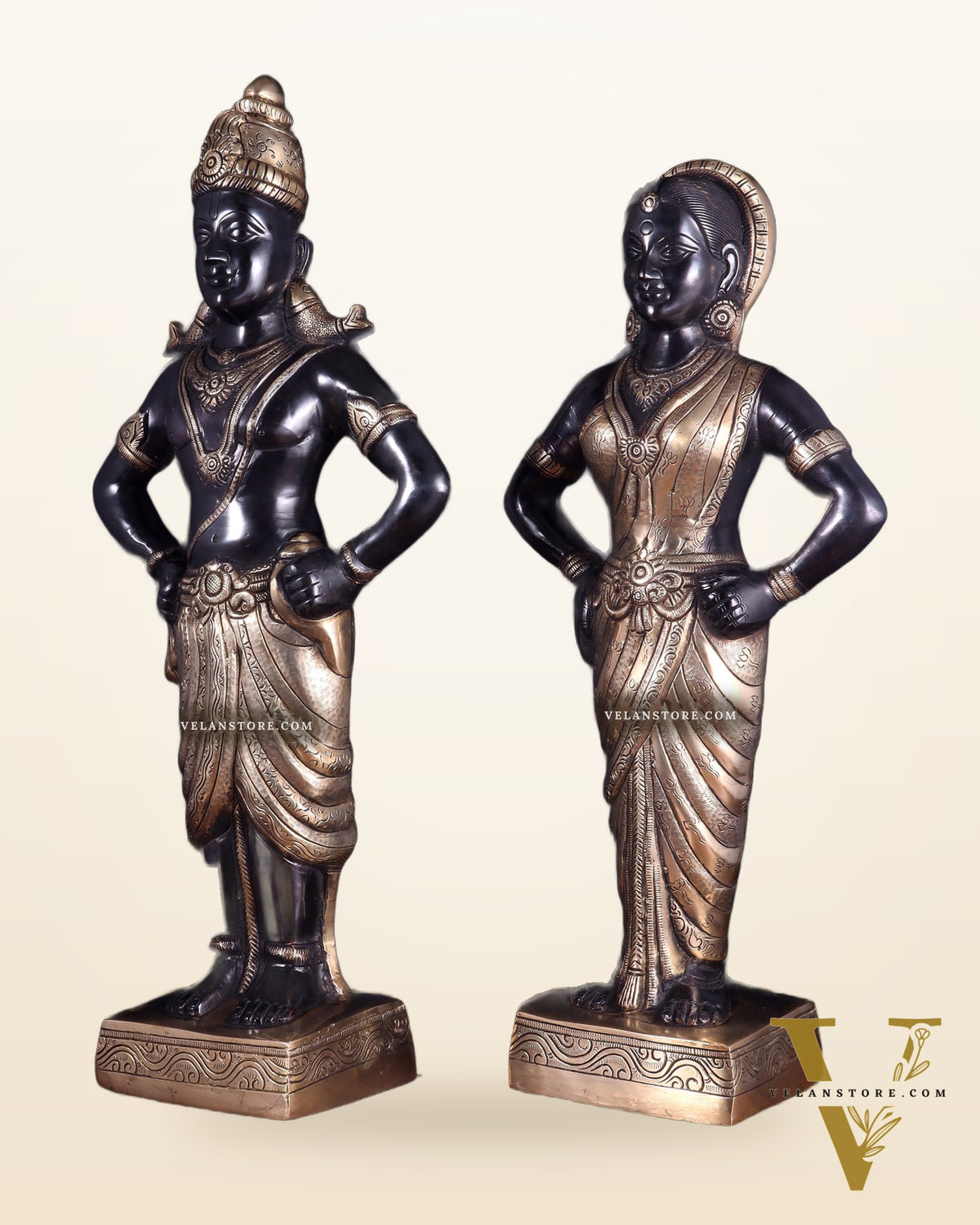 Brass Superfine Vitthal Rukmani Idol Pair 25" Grand Temple-Style Sculptures black and gold