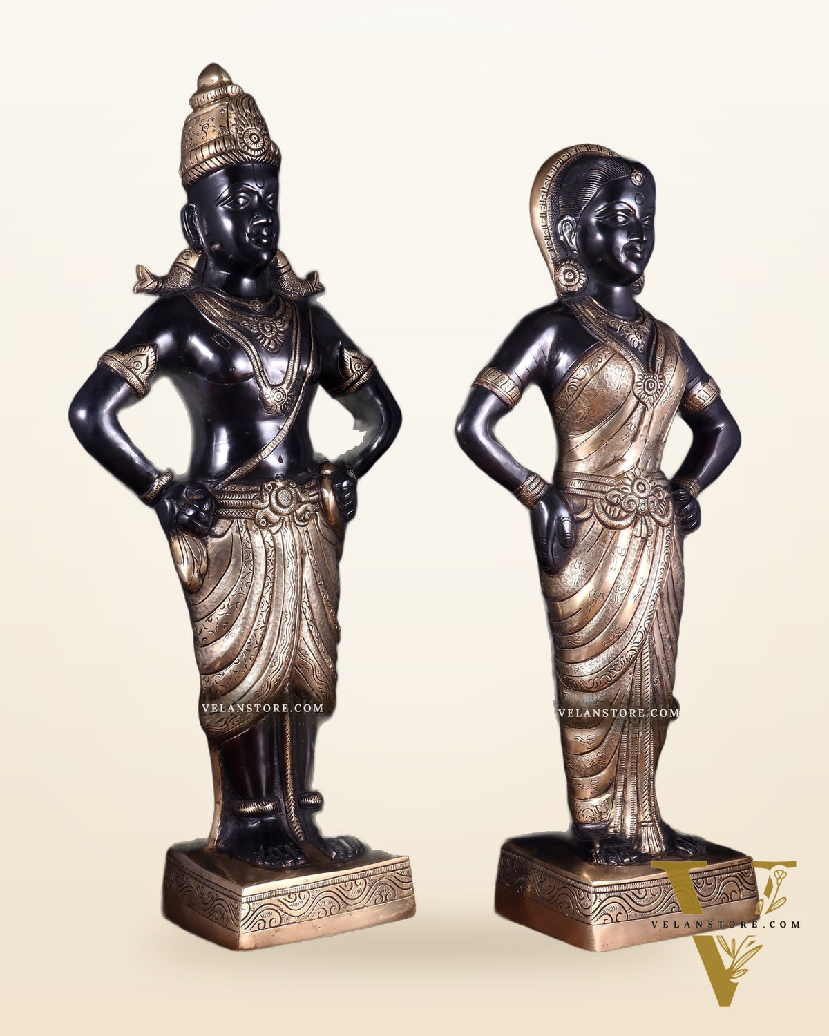 Brass Superfine Vitthal Rukmani Idol Pair 25" Grand Temple-Style Sculptures black and gold
