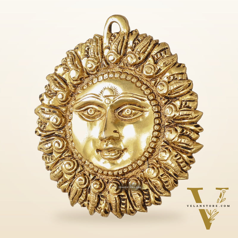 Brass Surya Dev Sun God Wall Hanging - 5 x 5 inch