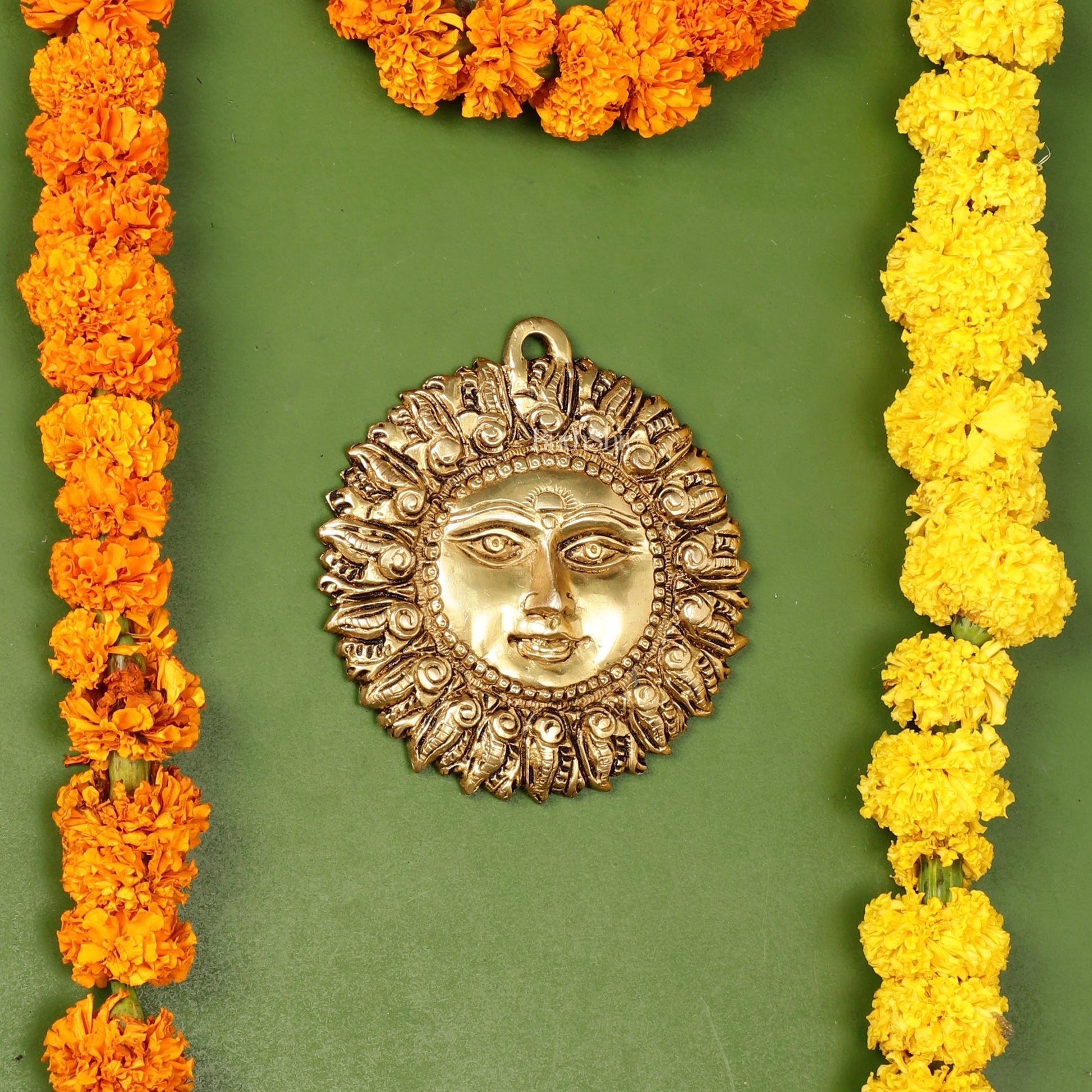 Brass Surya Dev Sun God Wall Hanging - 5 x 5 inch