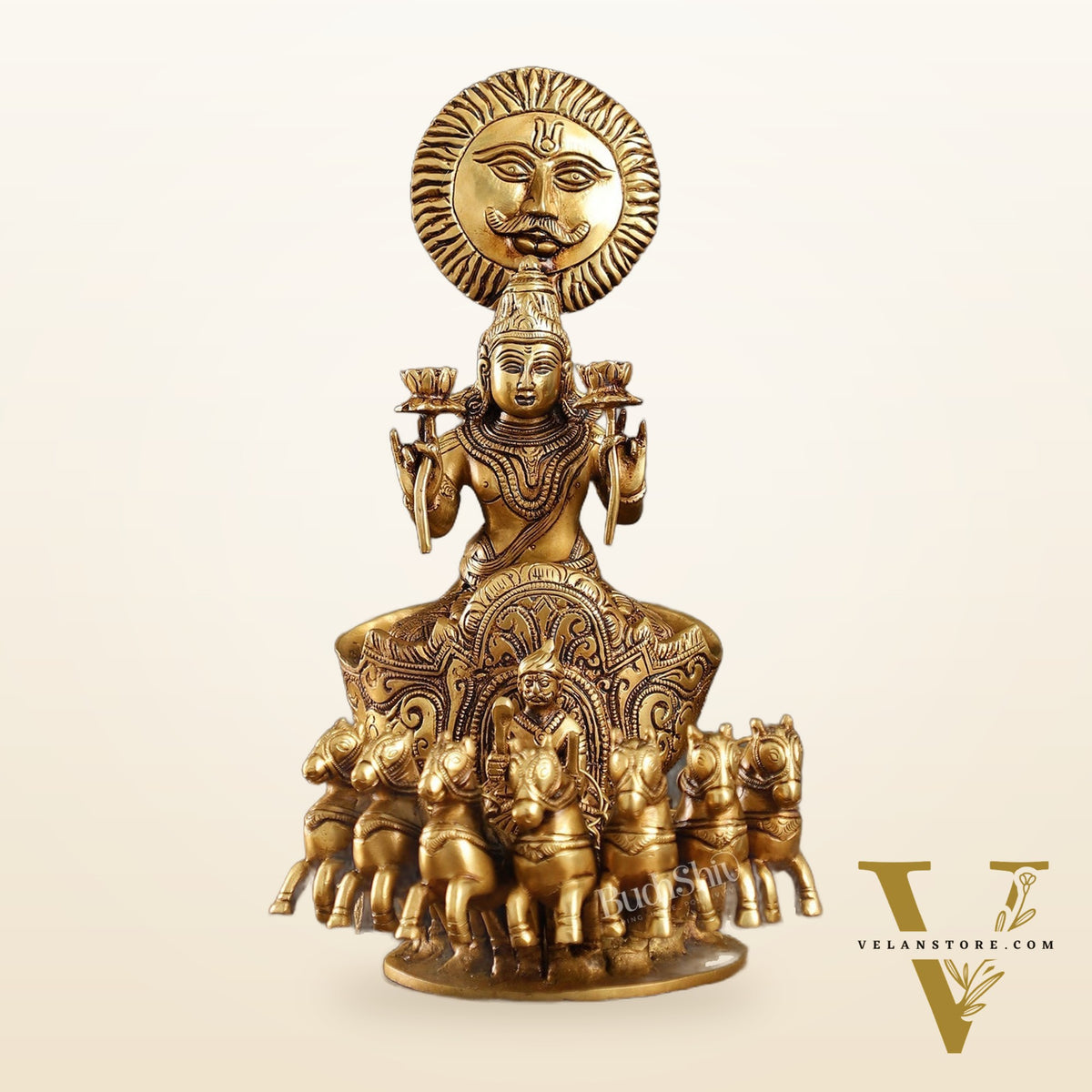 Brass Surya Rath Chariot - 12" Height, 7 Horses - Intricate Detail