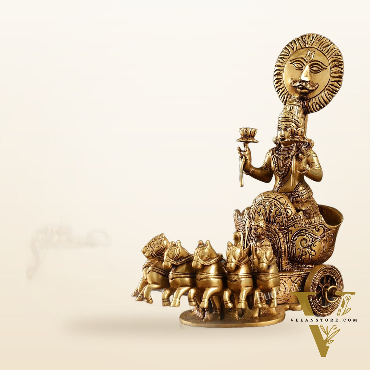 Brass Surya Rath Chariot - 12" Height, 7 Horses - Intricate Detail