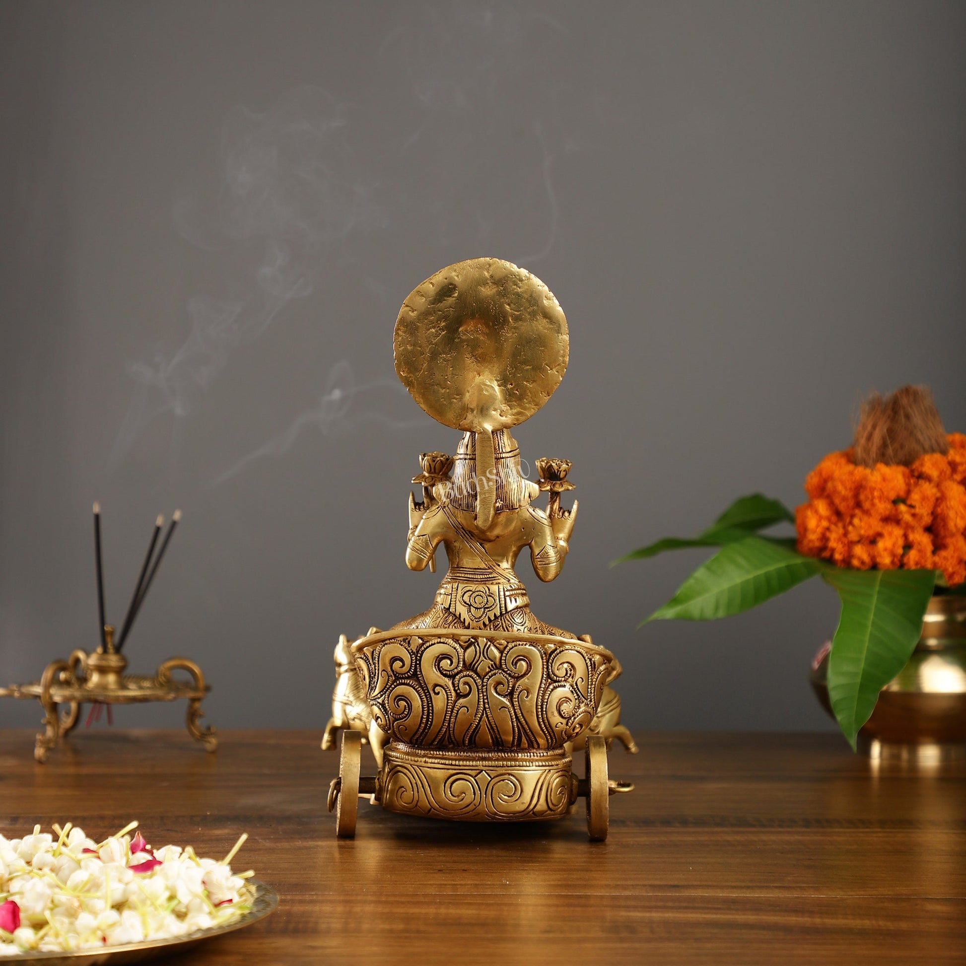 Brass Surya Rath Chariot - 12" Height, 7 Horses - Intricate Detail