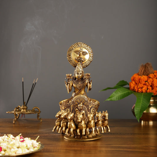 Brass Surya Rath Chariot - 12" Height, 7 Horses - Intricate Detail
