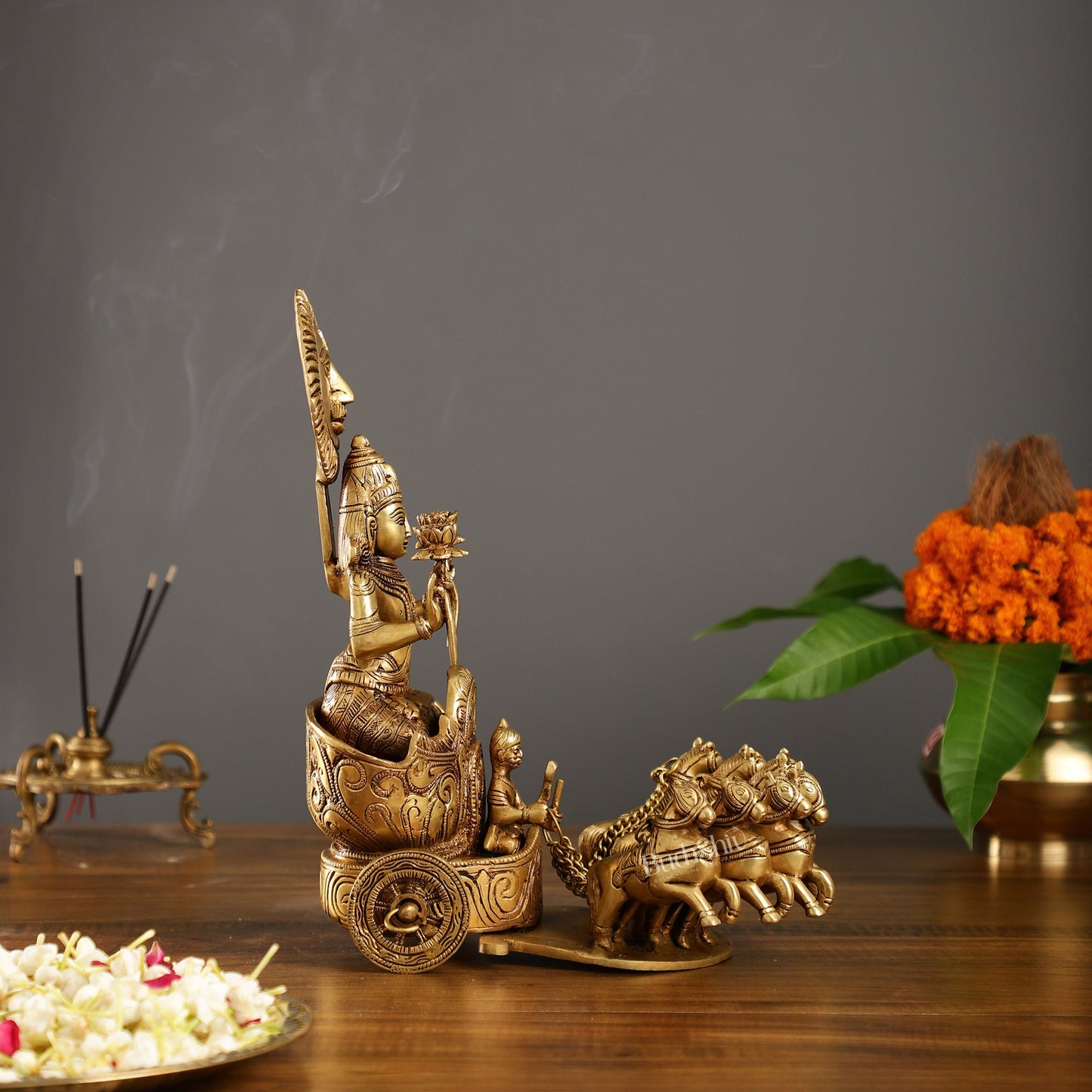 Brass Surya Rath Chariot - 12" Height, 7 Horses - Intricate Detail