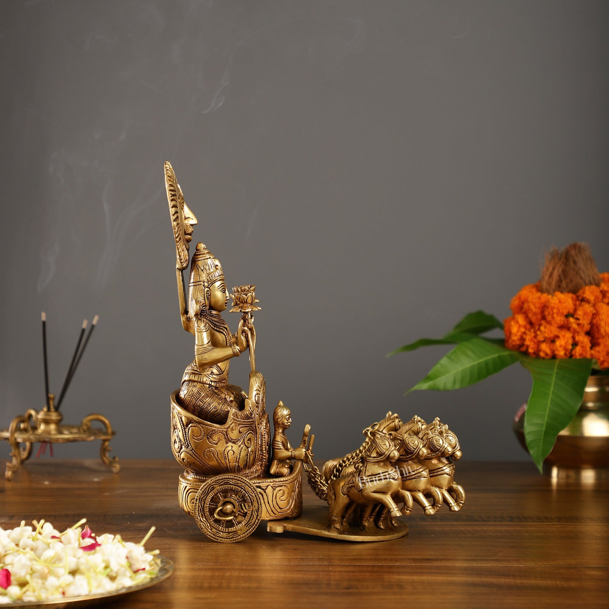 Brass Surya Rath Chariot - 12" Height, 7 Horses - Intricate Detail