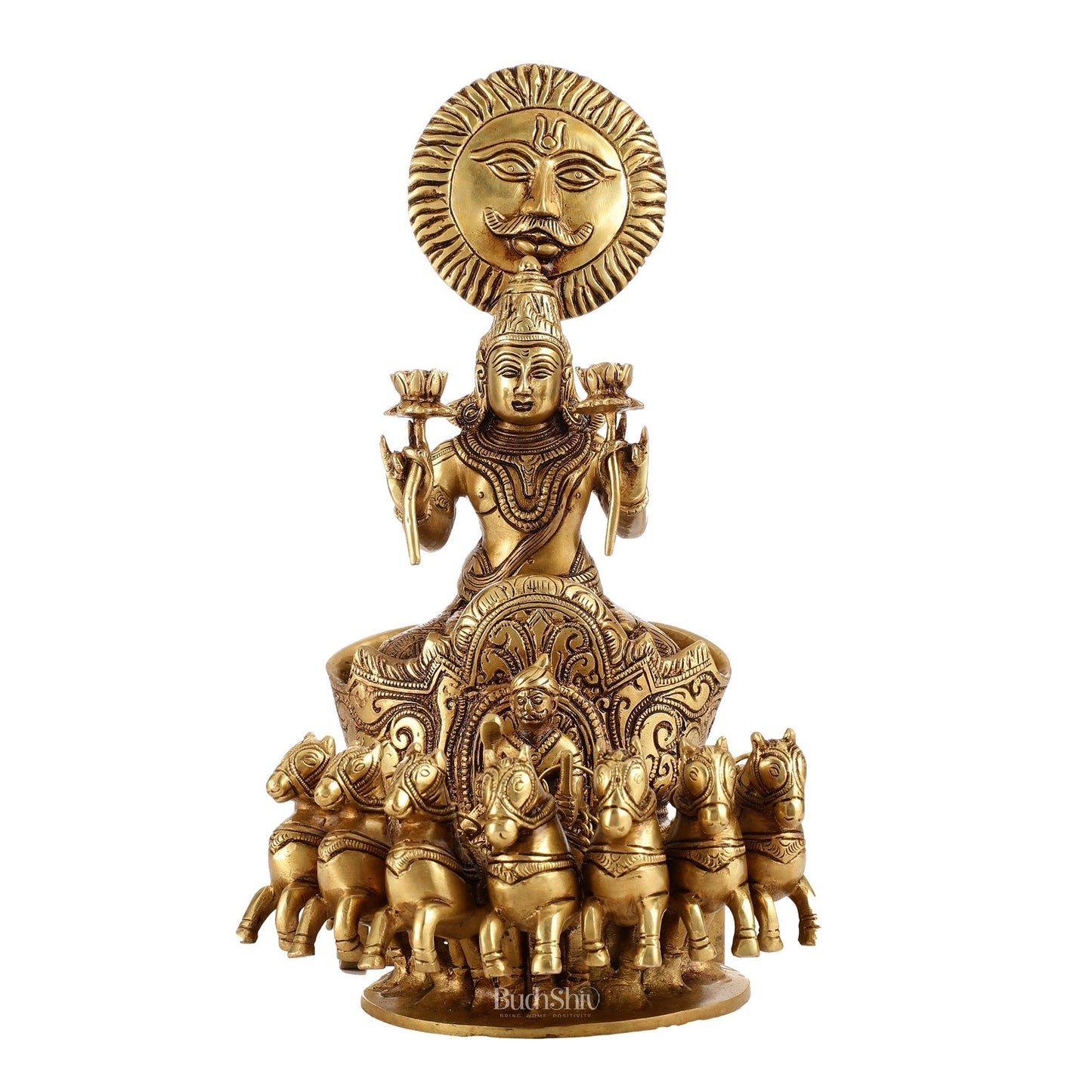 Brass Surya Rath Chariot - 12" Height, 7 Horses - Intricate Detail