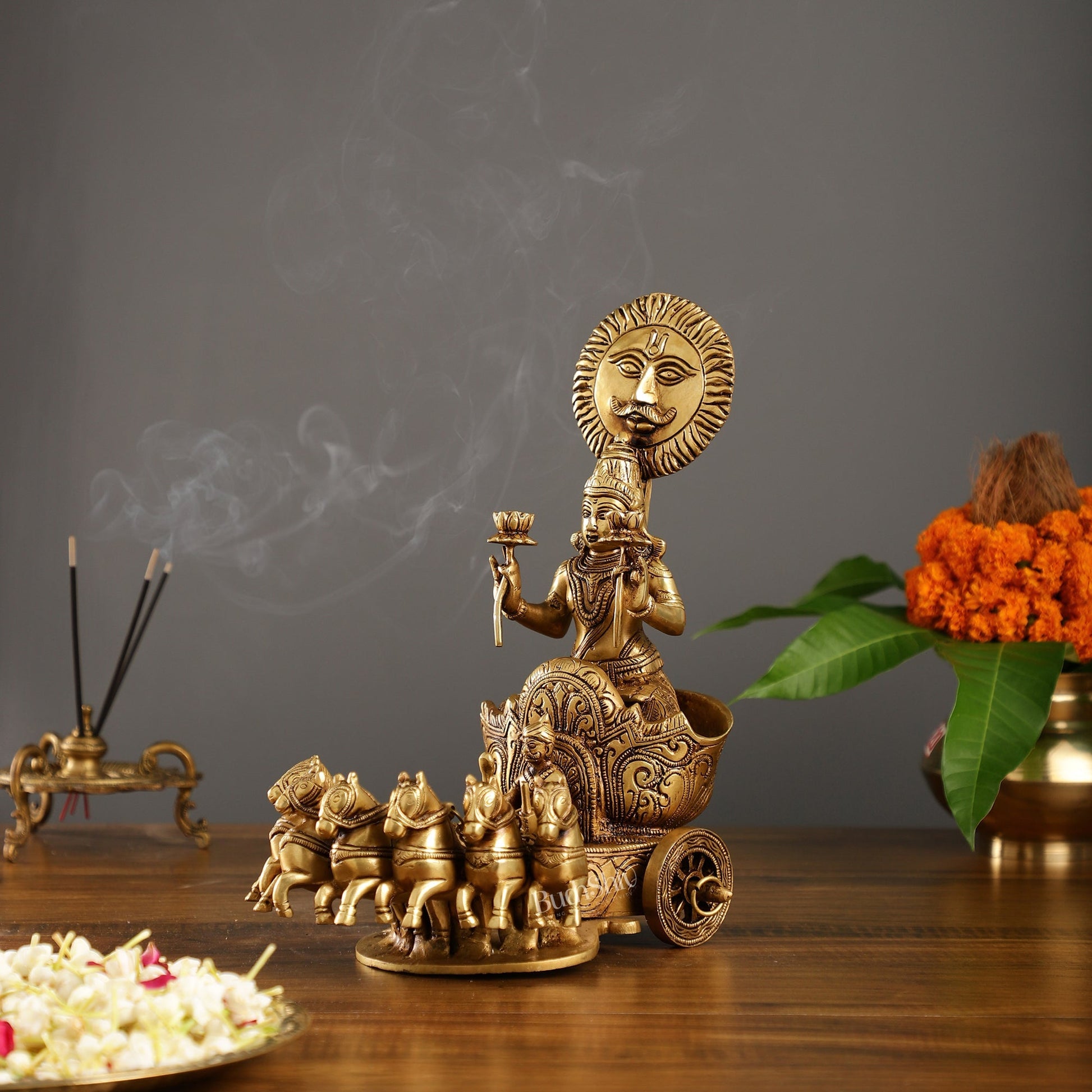 Brass Surya Rath Chariot - 12" Height, 7 Horses - Intricate Detail