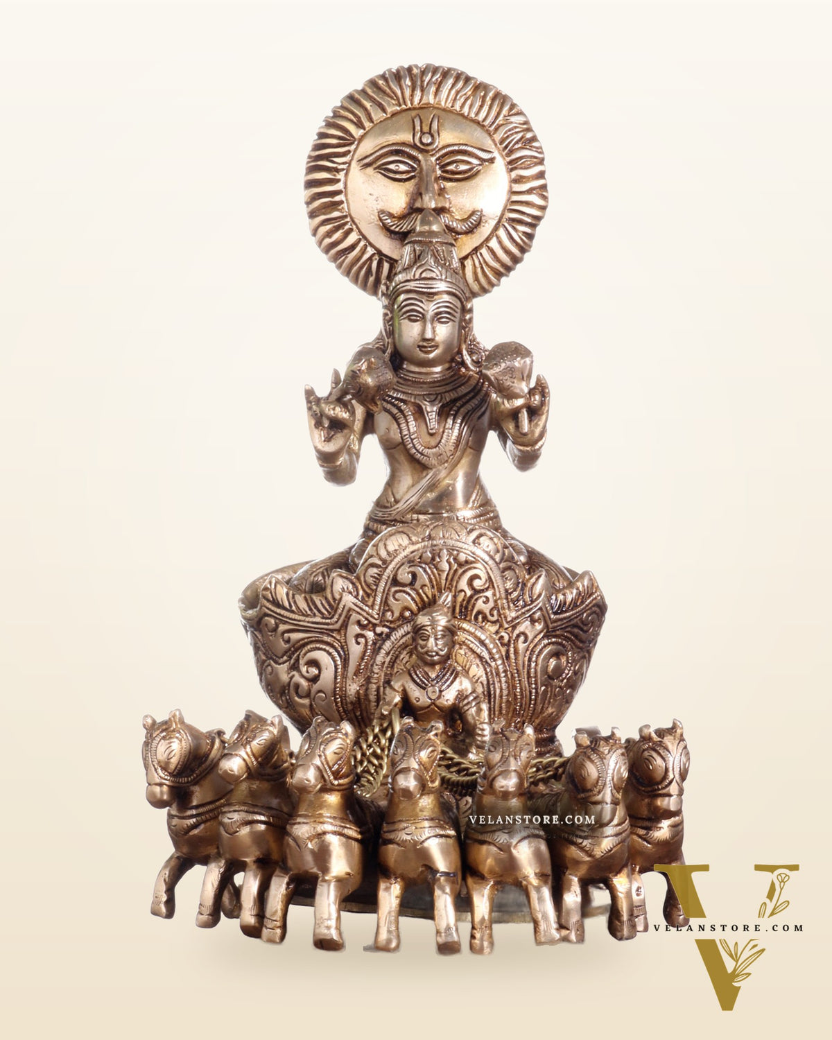 Brass Surya Rath Chariot - 12" Height, 7 Horses
