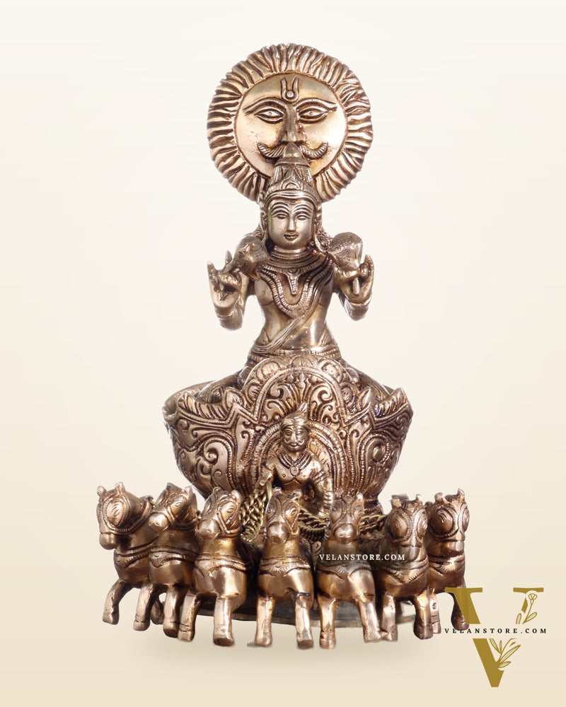 Brass Surya Rath Chariot - 12" Height, 7 Horses