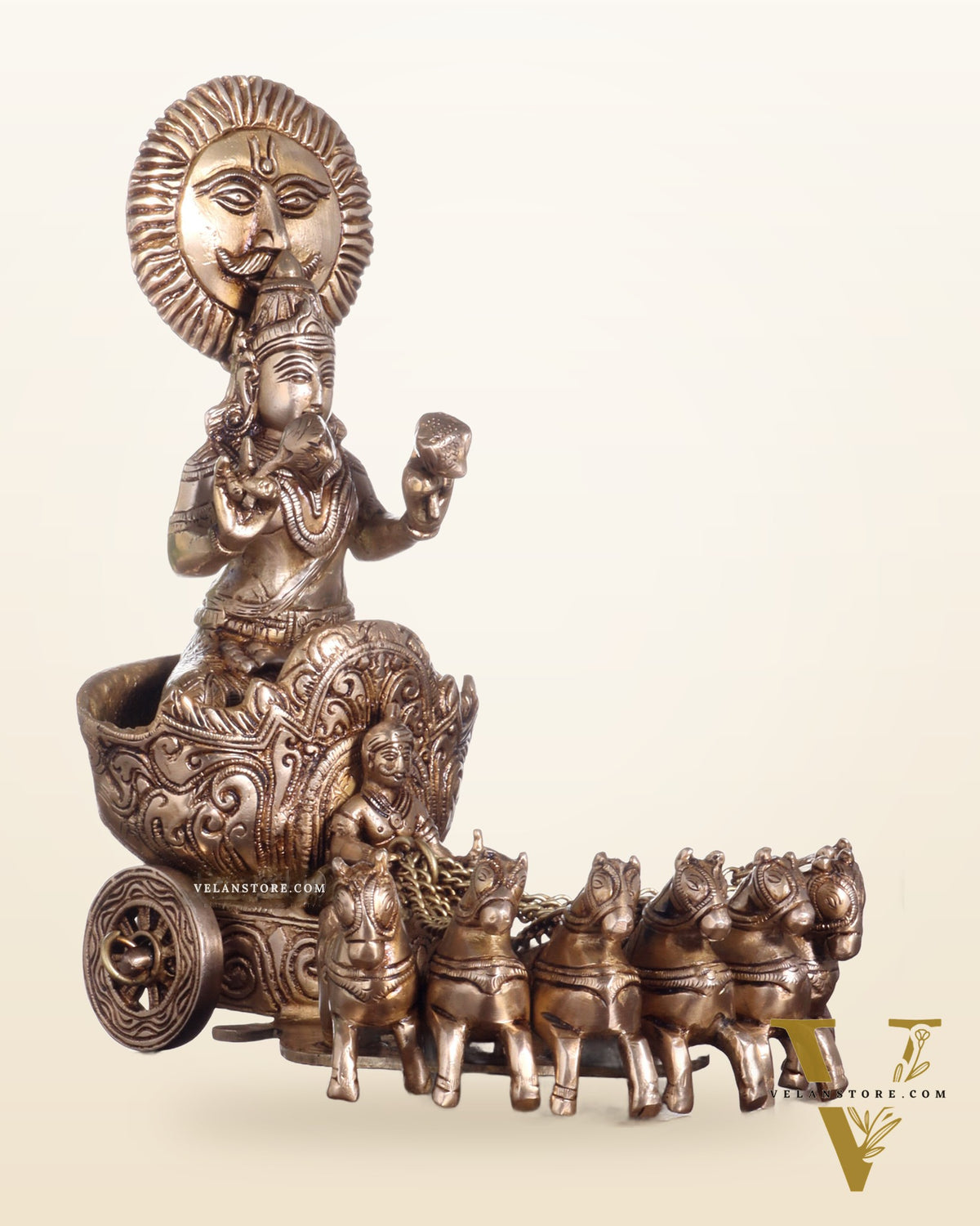 Brass Surya Rath Chariot - 12" Height, 7 Horses