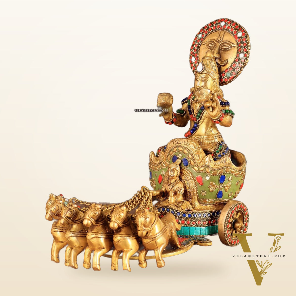 Brass Surya Rath Chariot - 12" with stonework
