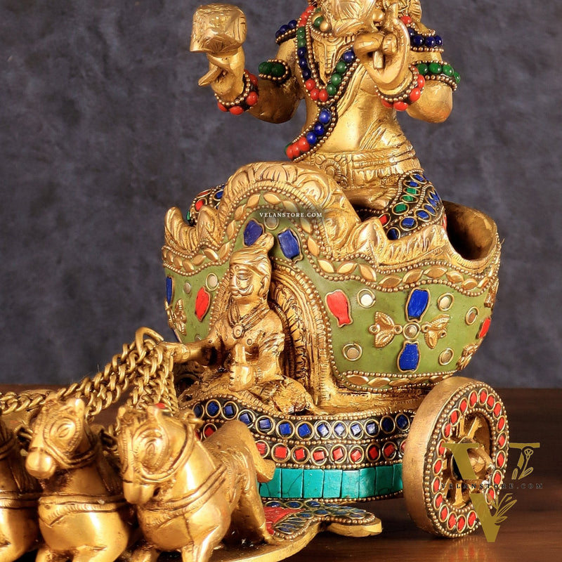 Brass Surya Rath Chariot - 12" with stonework