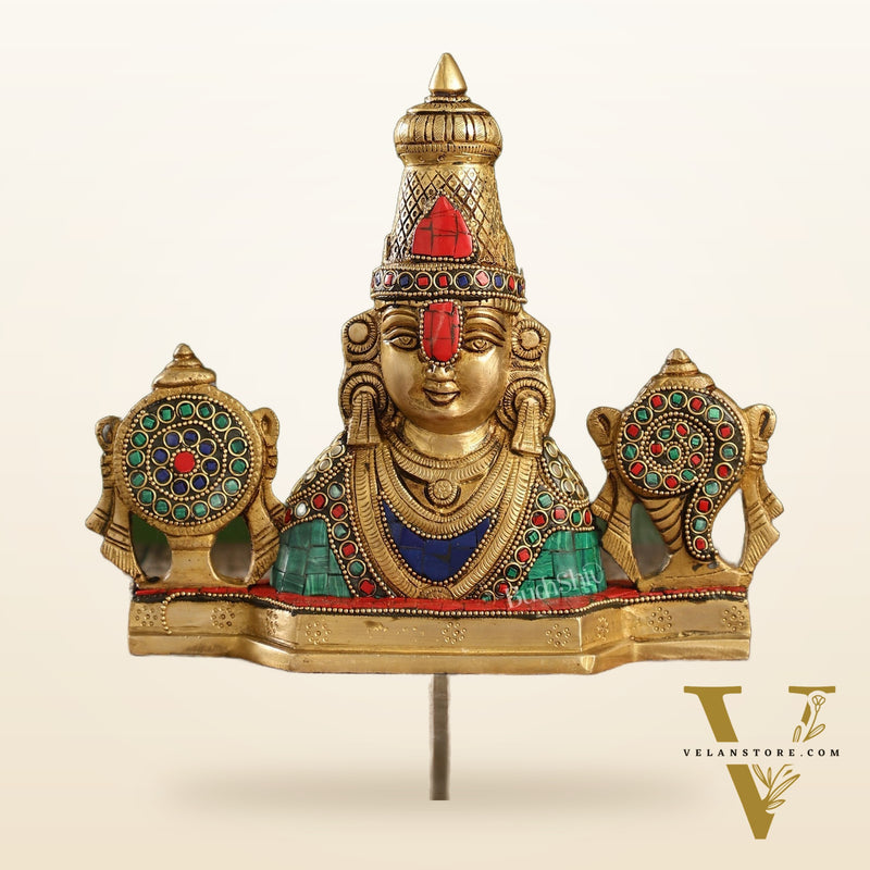 Brass Table Accent: Lord Tirupati Balaji Venkateshwara Swamy with Shankh Chakra | 8.5" Height